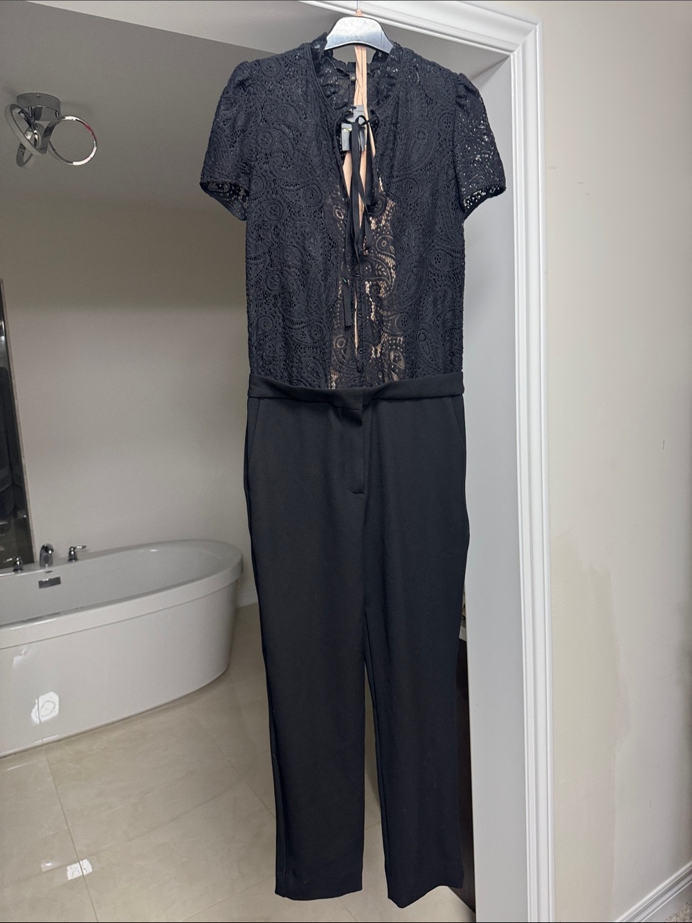 Maje Black Lace-Top Short-Sleeve Jumpsuit - Women